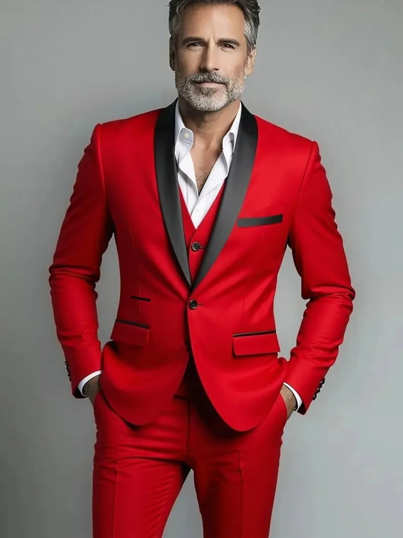 Red three piece formal suit with black shawl vest tailored fit front