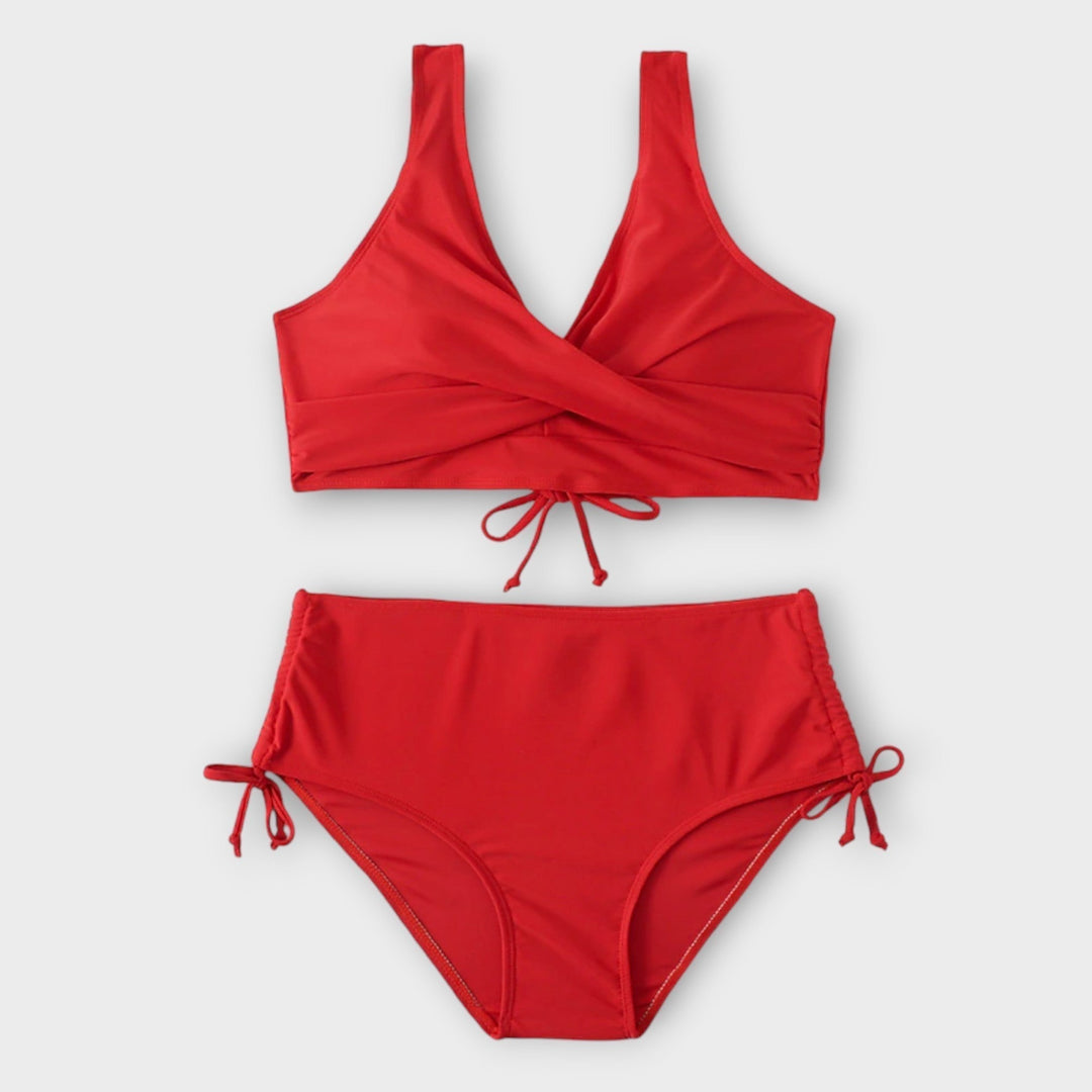 Red two-piece wrap bikini with crossover top and adjustable tie-side bottoms