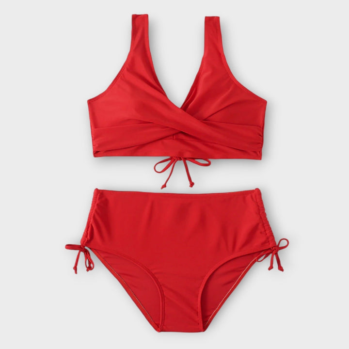 Red two-piece wrap bikini with crossover top and adjustable tie-side bottoms
