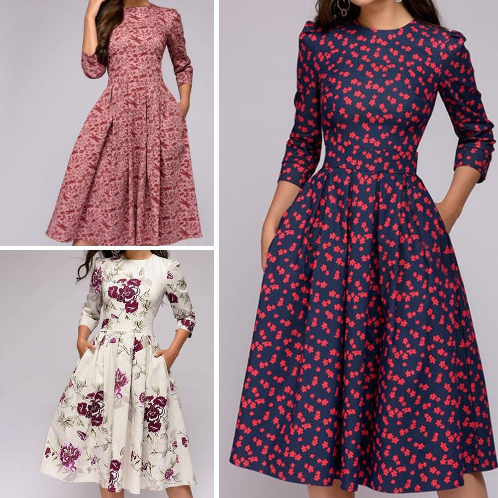 Women Floral Printed 3/4 Sleeve Midi Dress with Pockets Midi Dress