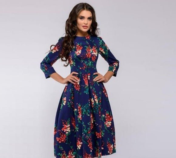 Women Floral Printed 3/4 Sleeve Midi Dress with Pockets Midi Dress