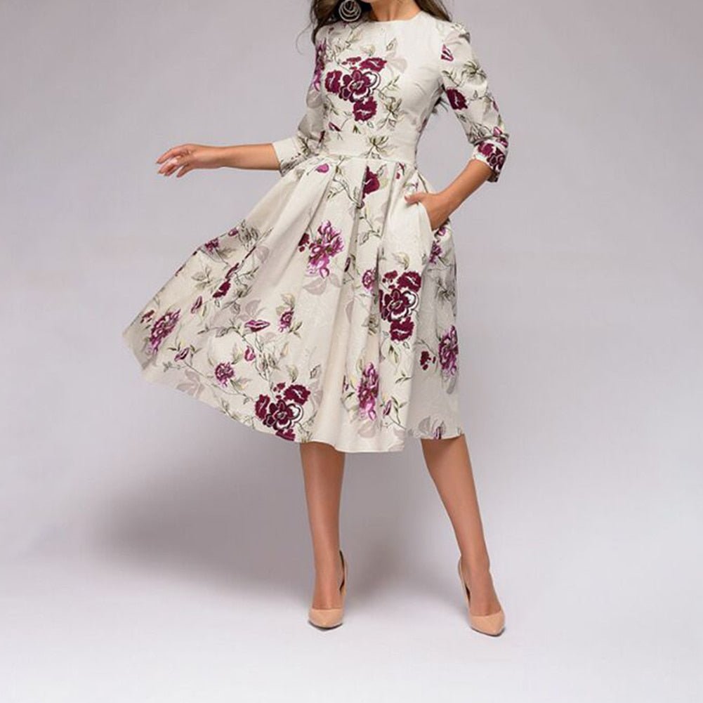 Women Floral Printed 3/4 Sleeve Midi Dress with Pockets Midi Dress