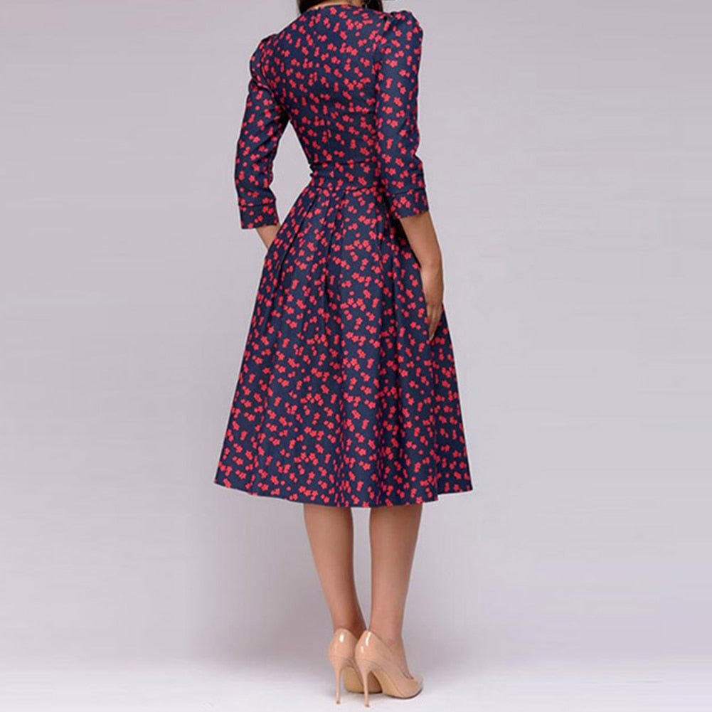 Women Floral Printed 3/4 Sleeve Midi Dress with Pockets Midi Dress