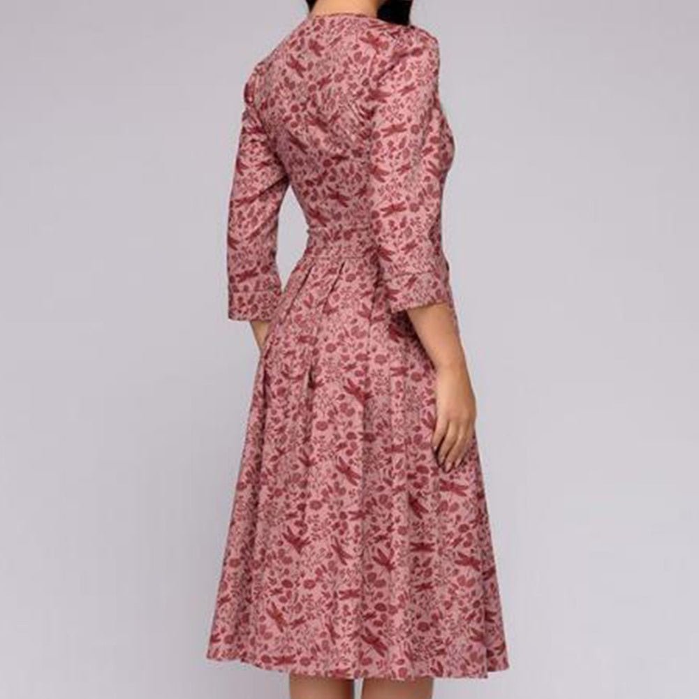 Women Floral Printed 3/4 Sleeve Midi Dress with Pockets Midi Dress