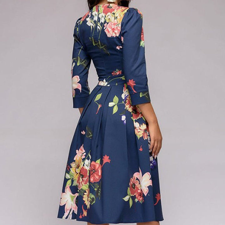 Women Floral Printed 3/4 Sleeve Midi Dress with Pockets Midi Dress