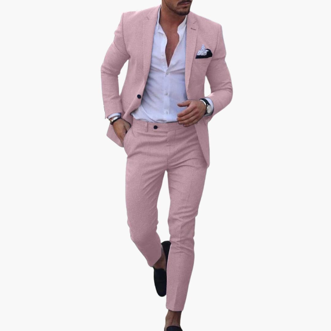 Rose pink wool blend two-piece suit with tailored blazer and matching trousers