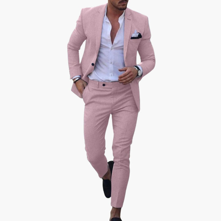 Rose pink wool blend two-piece suit with tailored blazer and matching trousers