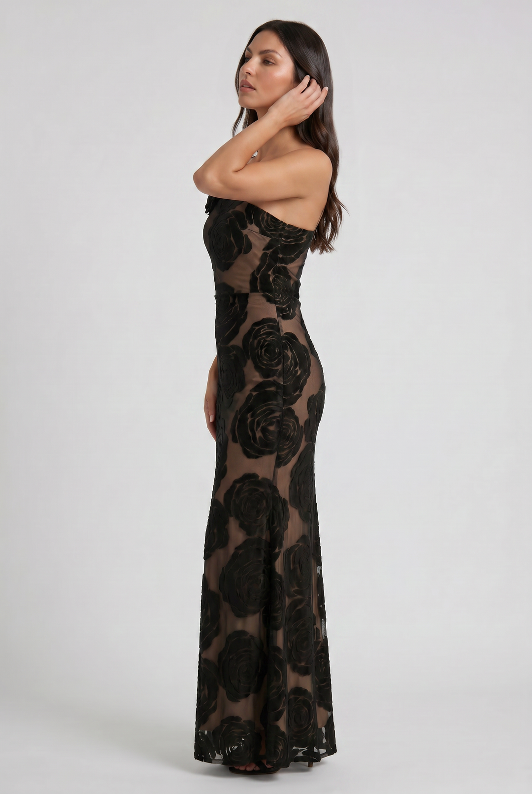 Black Satin Ruched Sleeveless Maxi Cocktail Dress for Women