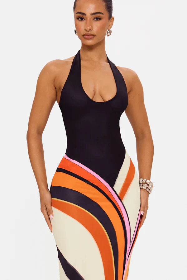 Black Satin Sleeveless Cocktail Maxi Dress for Women