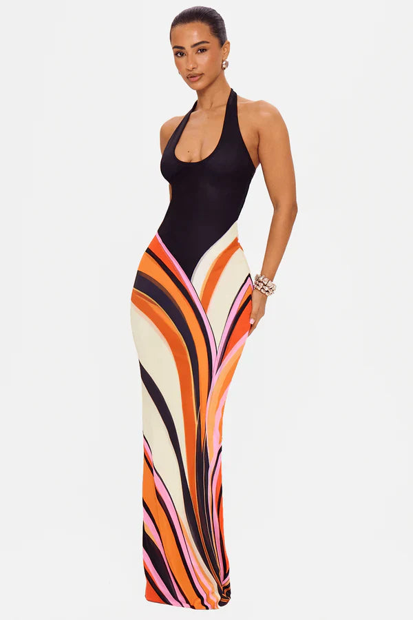 Black Satin Sleeveless Cocktail Maxi Dress for Women