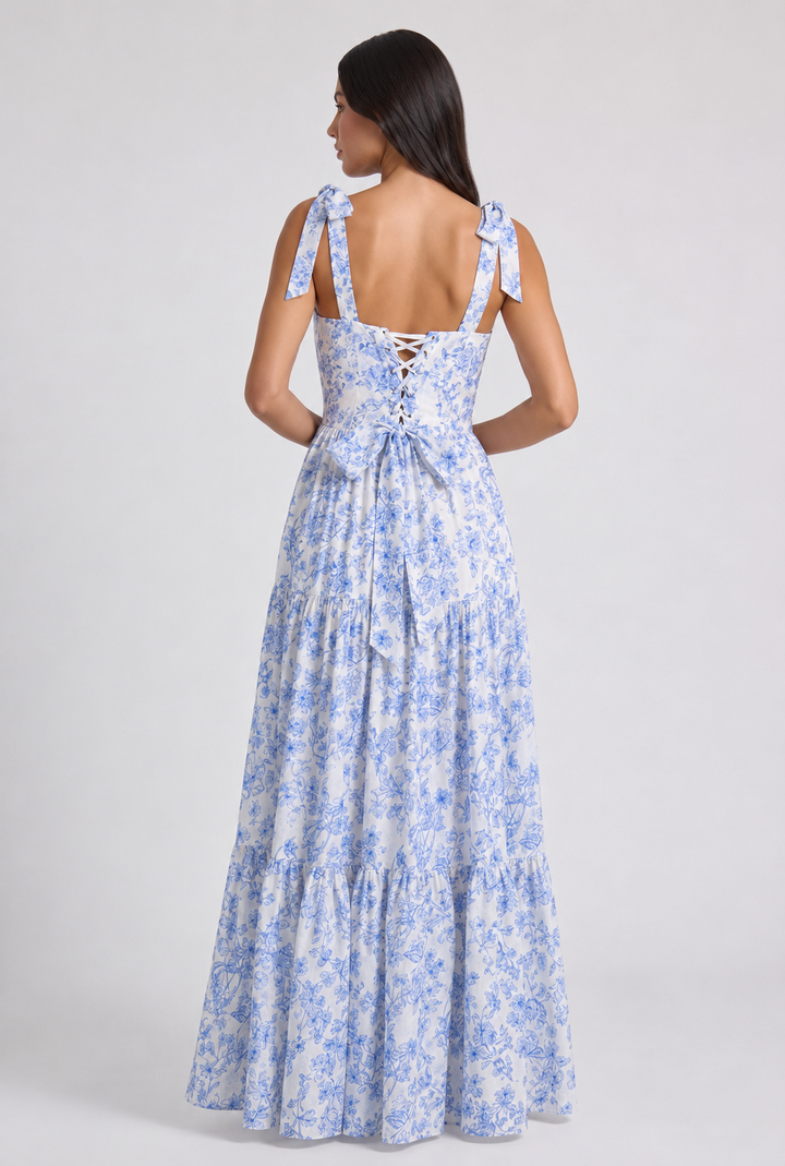 Blue Floral Wedding Guest V-Neck Maxi Dress for Women