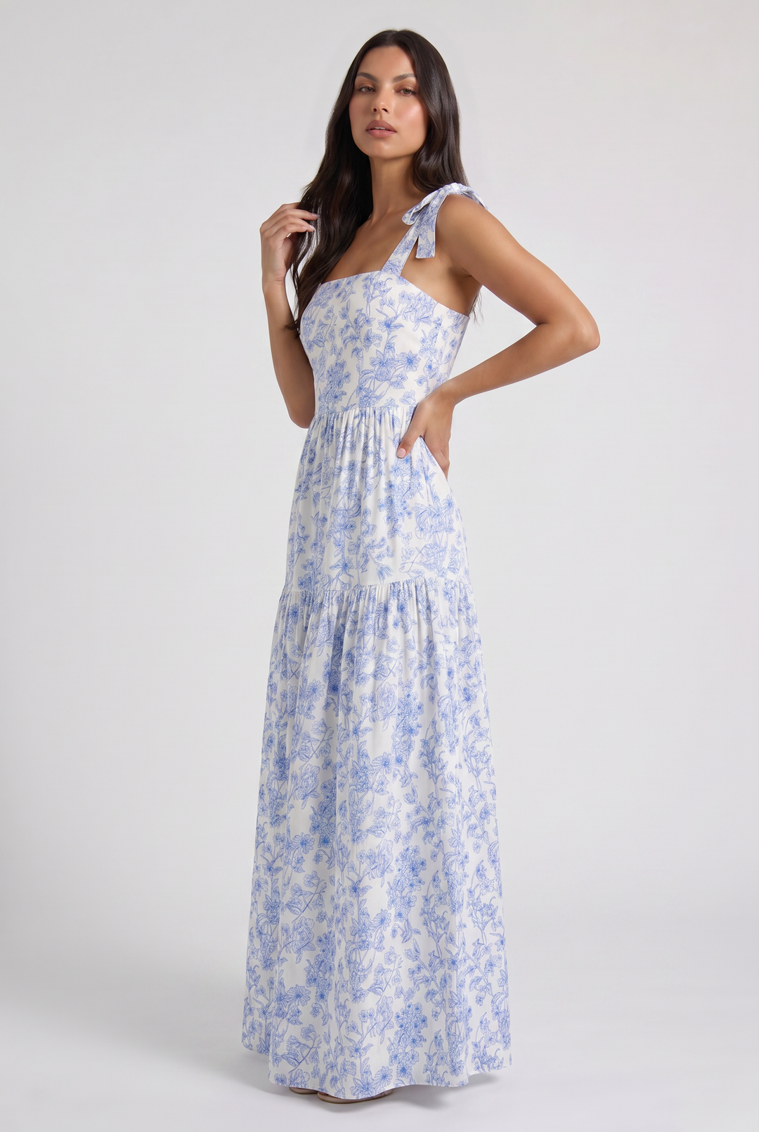 Blue Floral Wedding Guest V-Neck Maxi Dress for Women