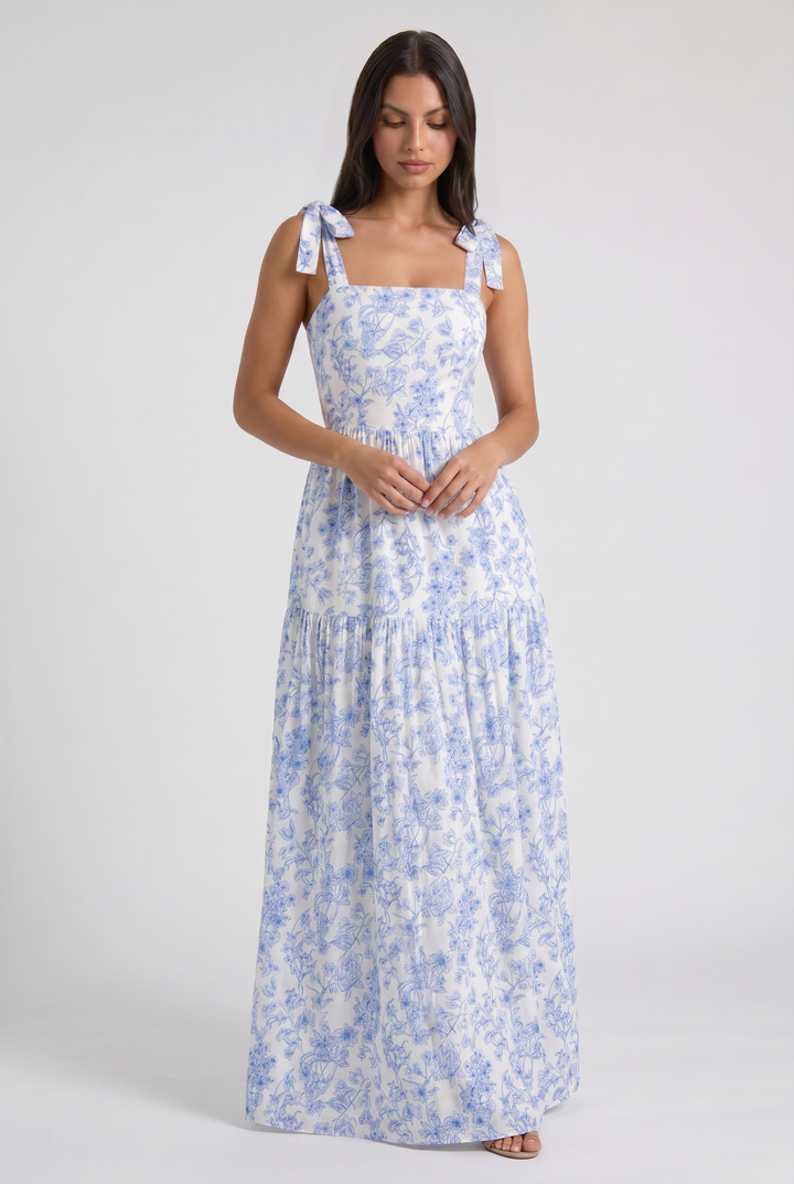 Blue Floral Wedding Guest V-Neck Maxi Dress for Women