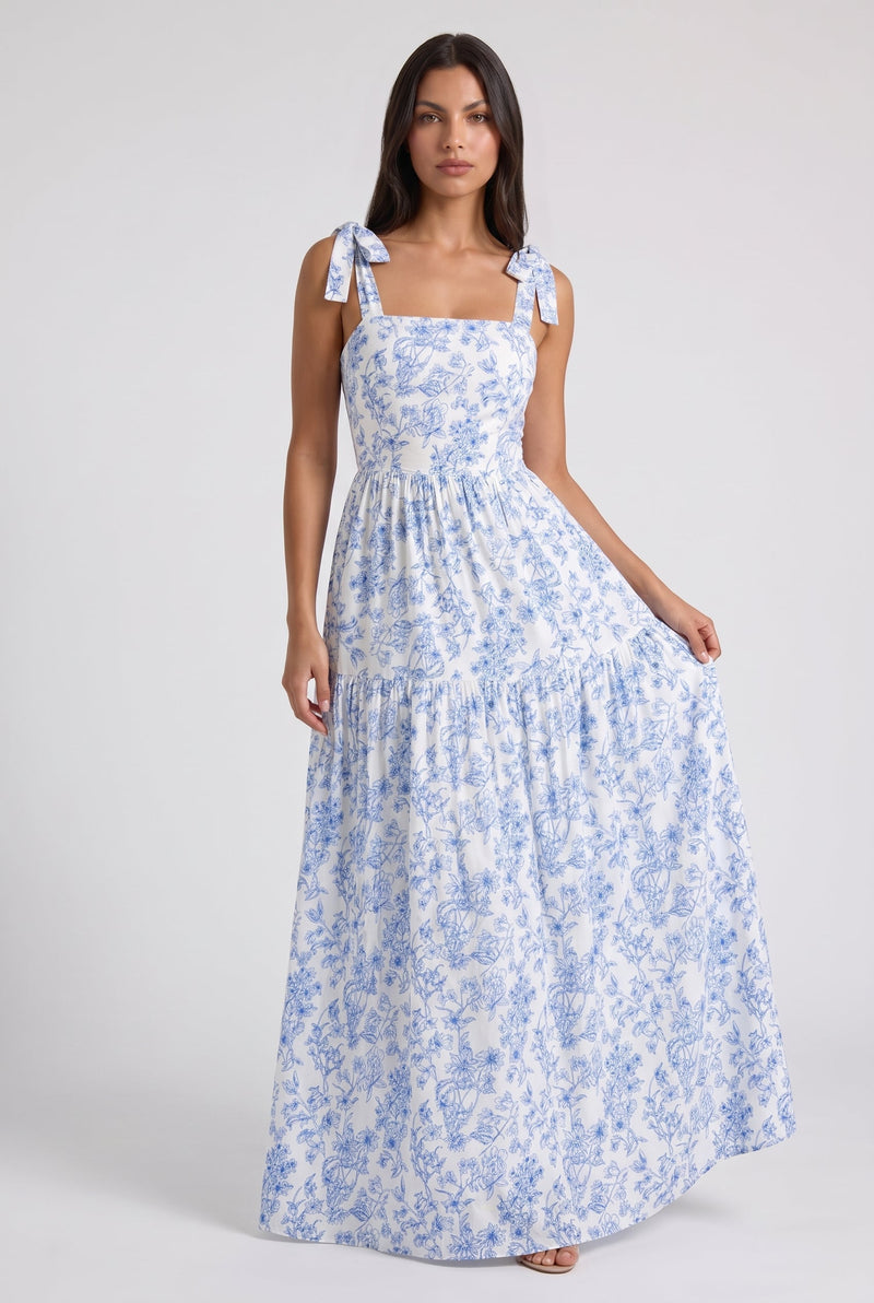 Blue Floral Wedding Guest V-Neck Maxi Dress for Women