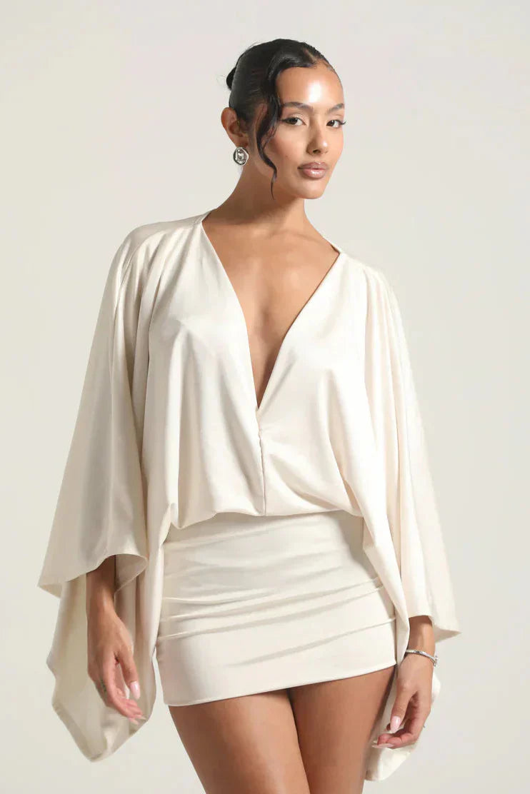 Cascade Homecoming Cape Sleeve Flowy Party Mini Dress for Women