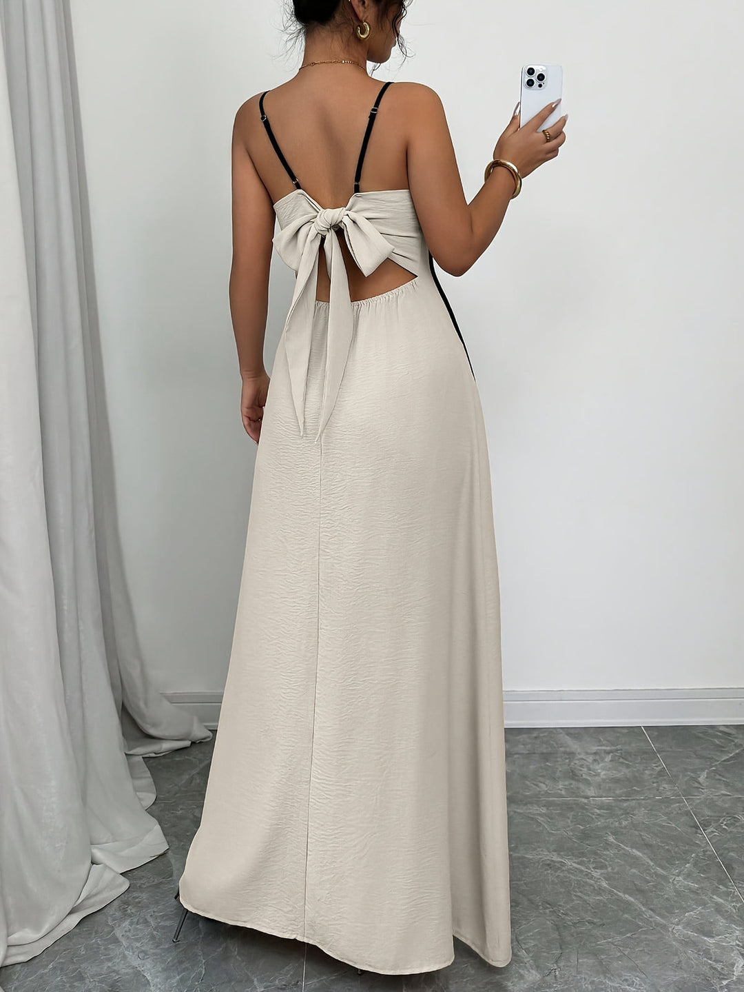 Cream Satin V-Neck Wedding Guest Maxi Dress for Women