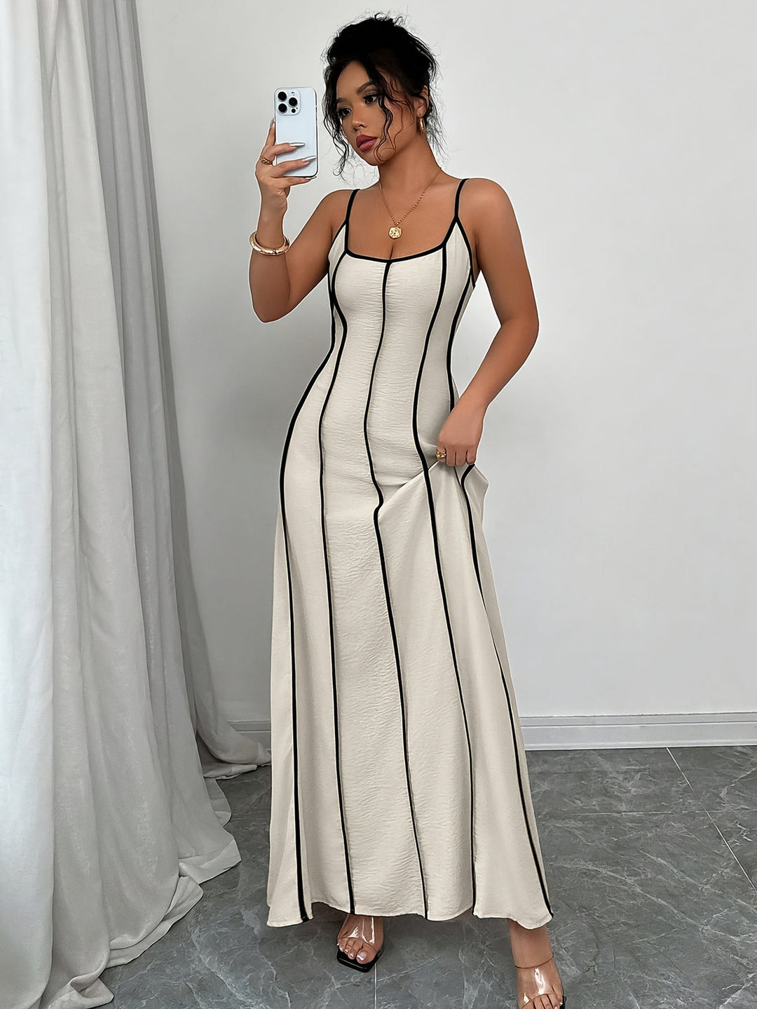 Cream Satin V-Neck Wedding Guest Maxi Dress for Women