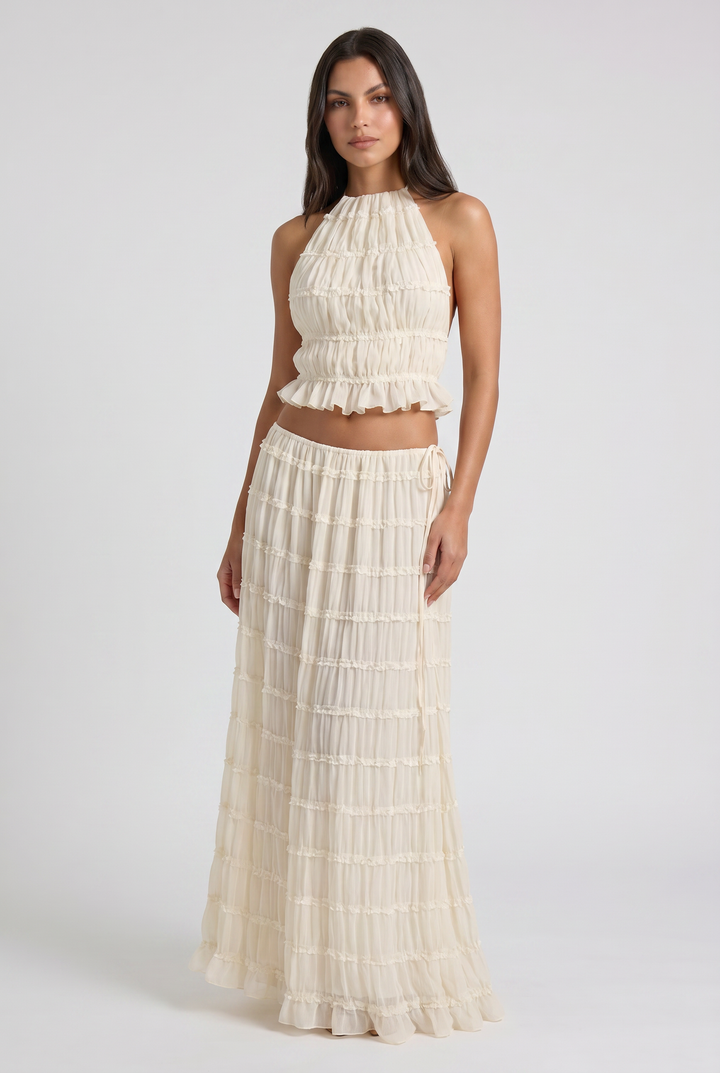 Cream Two Piece Co-ord Top and Maxi Skirt Set for Women