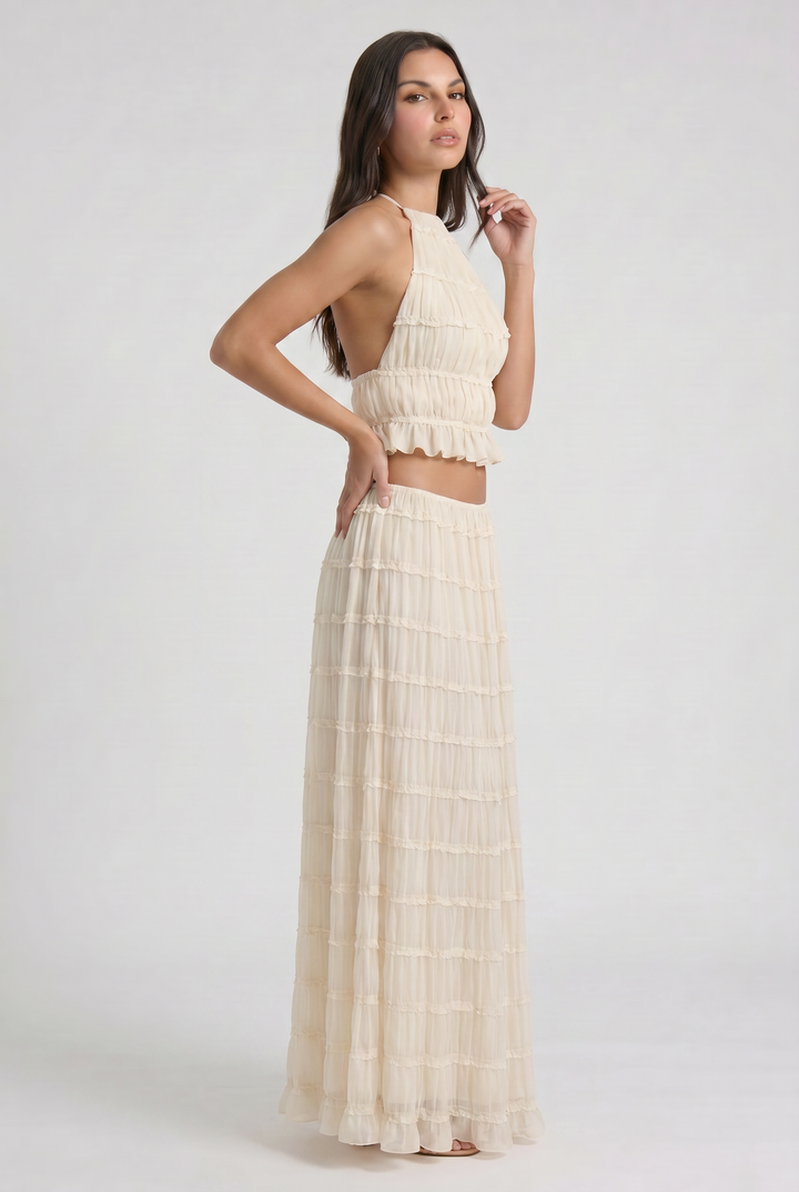 Cream Two Piece Co-ord Top and Maxi Skirt Set for Women