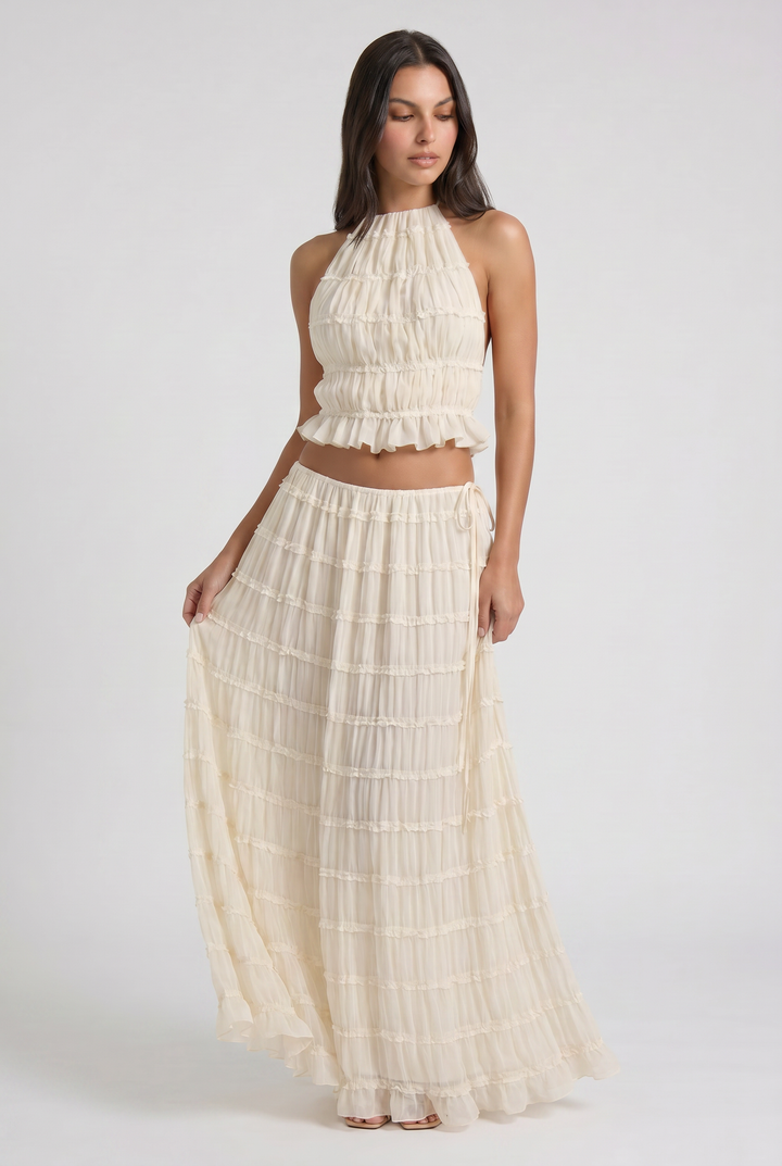 Cream Two Piece Co-ord Top and Maxi Skirt Set for Women