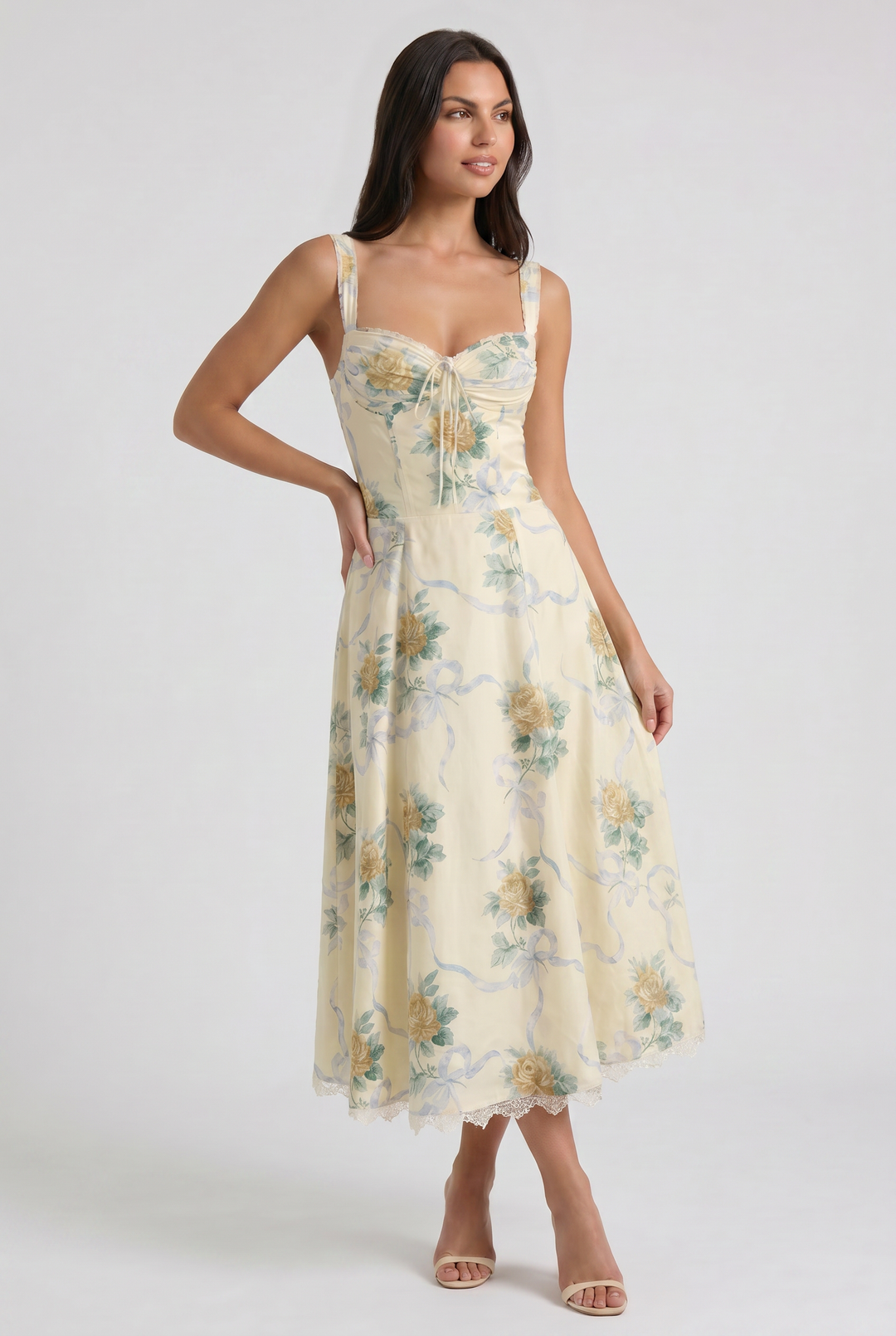 Floral V-Neck Wedding Guest Midi Dress for Women - Summer