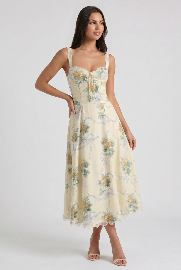 Floral V-Neck Wedding Guest Midi Dress for Women - Summer