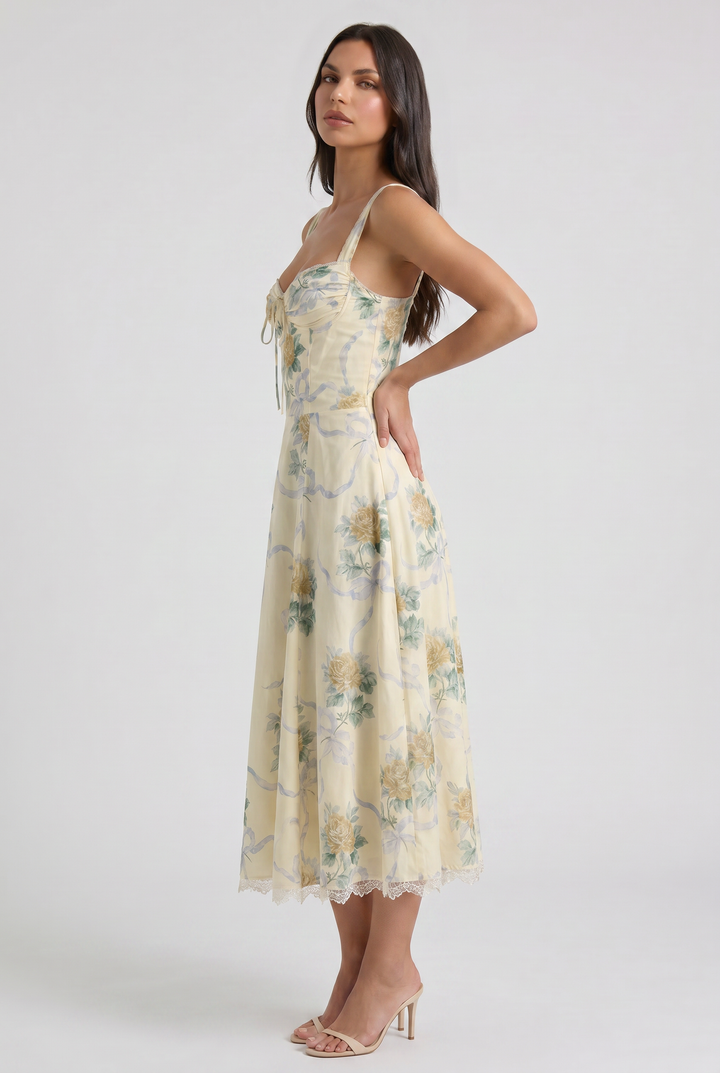 Floral V-Neck Wedding Guest Midi Dress for Women - Summer