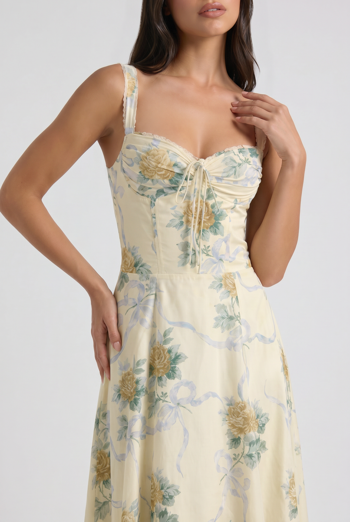 Floral V-Neck Wedding Guest Midi Dress for Women - Summer