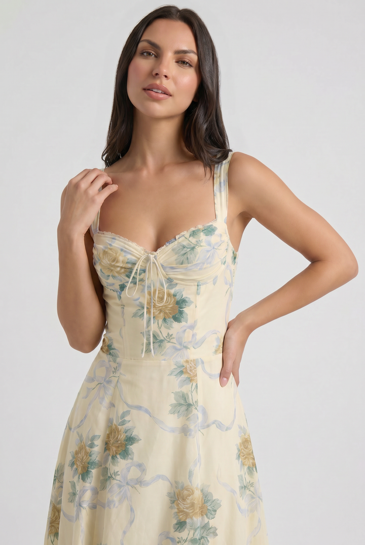 Floral V-Neck Wedding Guest Midi Dress for Women - Summer
