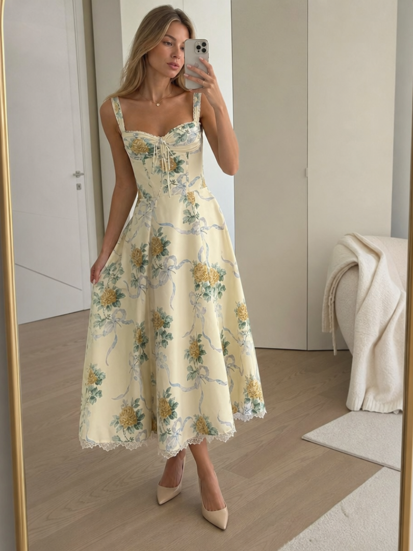 Floral V-Neck Wedding Guest Midi Dress for Women - Summer