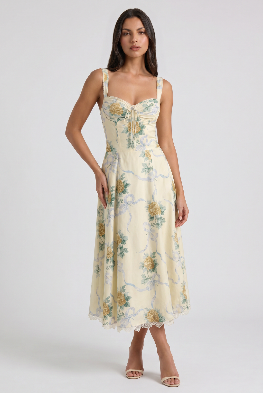 Floral V-Neck Wedding Guest Midi Dress for Women - Summer