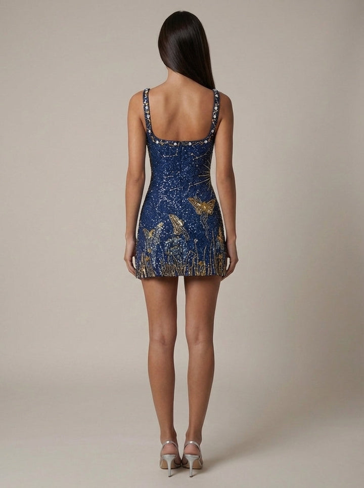 Homecoming Sequin Square Neck Navy Mini Dress for Women