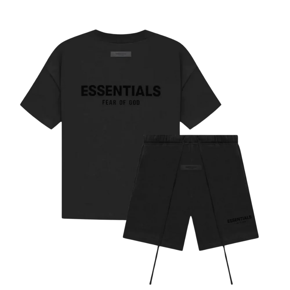 Black men graphic tee matching set with drawstring shorts, tonal front logo text print
