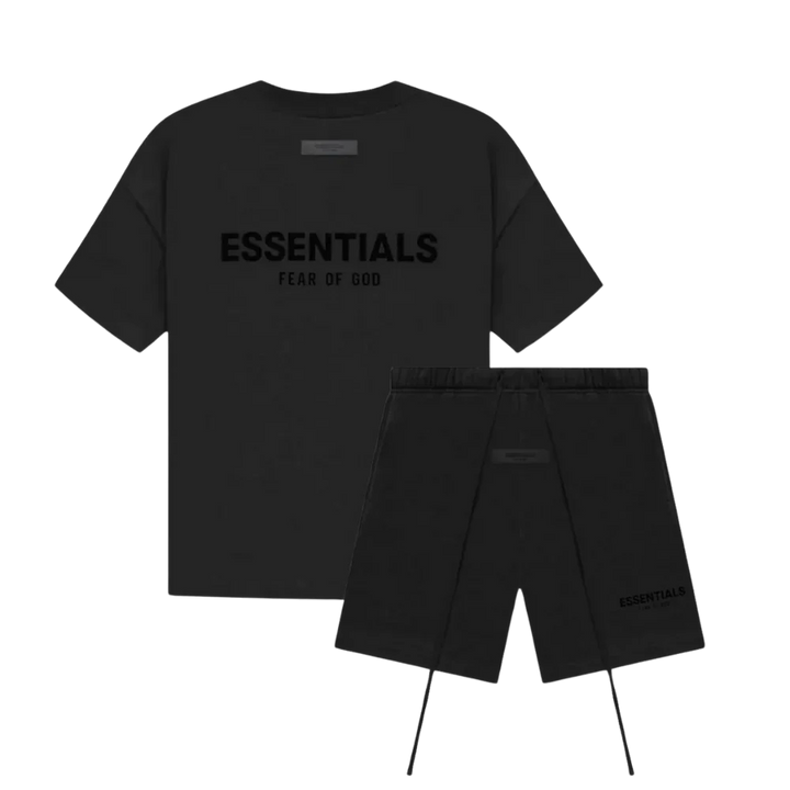 Black men graphic tee matching set with drawstring shorts, tonal front logo text print