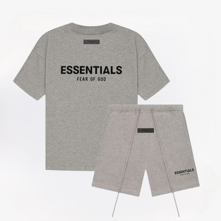 Men heather gray graphic tee and shorts matching set with crewneck T-shirt and drawstring waist shorts, front view