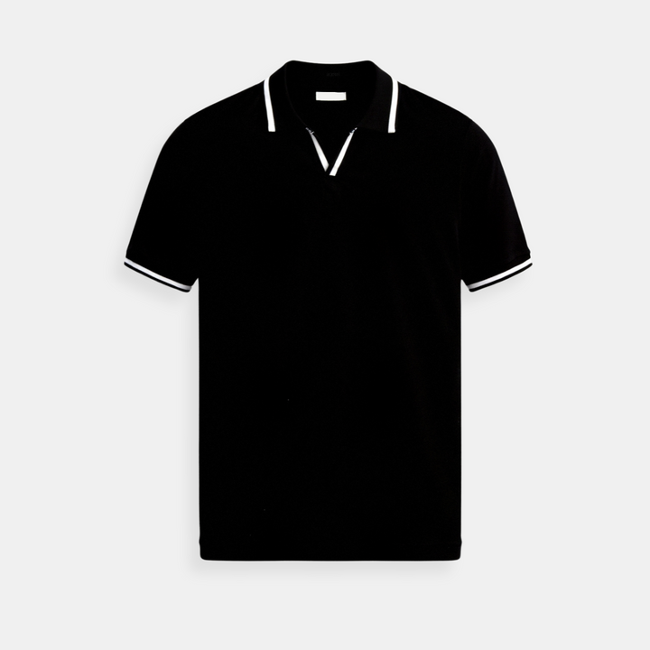 Black polo shirt with white contrast stripe trim on collar and short sleeves