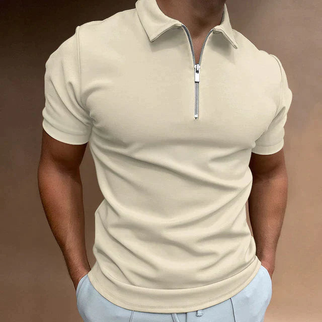 Cream short sleeve quarter zip polo shirt with collared neckline