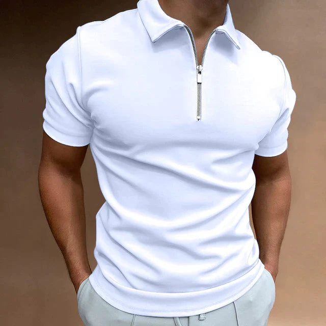 White short sleeve quarter zip polo shirt with ribbed collar