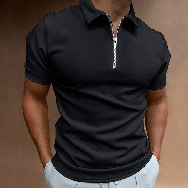 Black short sleeve quarter zip polo shirt with rolled sleeves