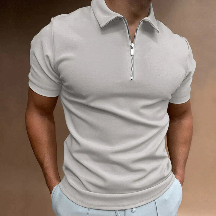 Off-white short sleeve quarter zip polo shirt front view detail