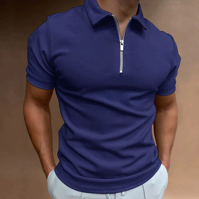 Navy short sleeve quarter zip polo shirt with white zipper detail
