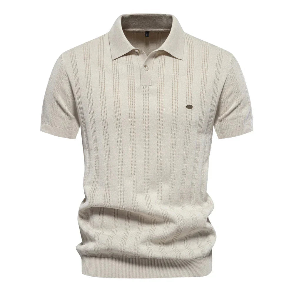 Cream short sleeve ribbed knit polo shirt with button front and knit texture