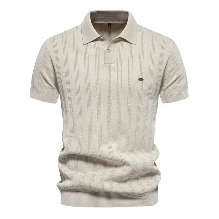 Cream short sleeve ribbed knit polo shirt with button front and knit texture