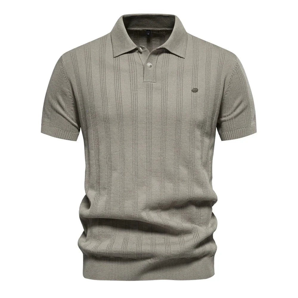 Beige short sleeve ribbed knit polo with vertical ribbed pattern detail