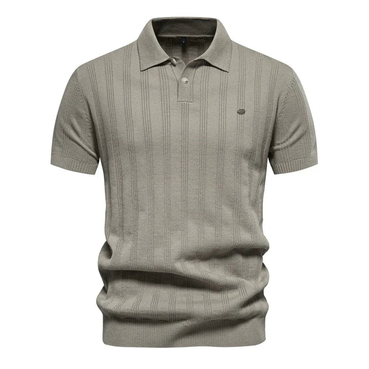 Beige short sleeve ribbed knit polo with vertical ribbed pattern detail