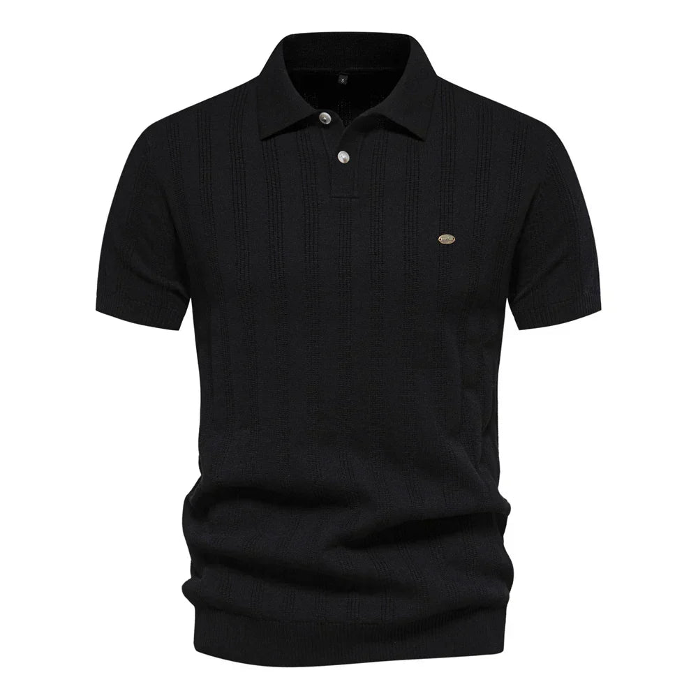 Black short sleeve ribbed knit polo shirt with collar and button placket