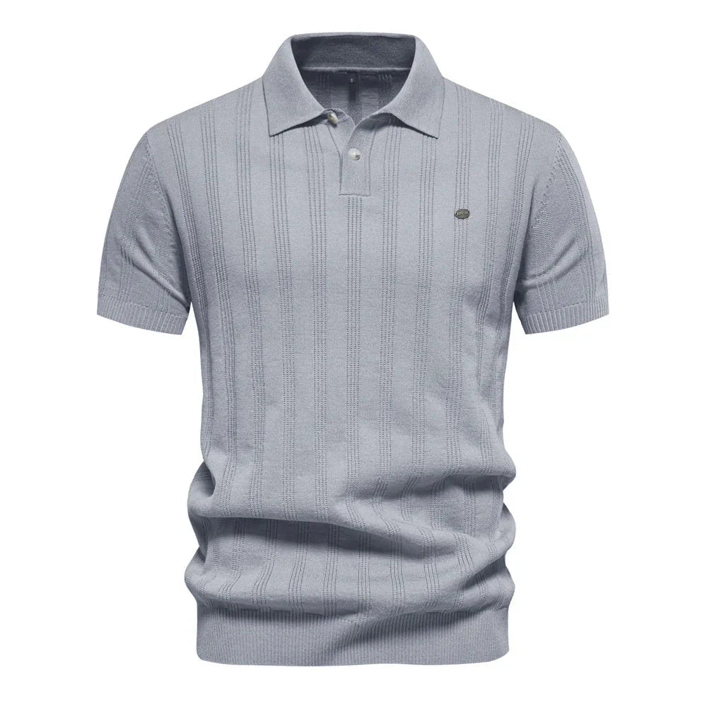 Gray short sleeve ribbed knit polo shirt with vertical texture and collar