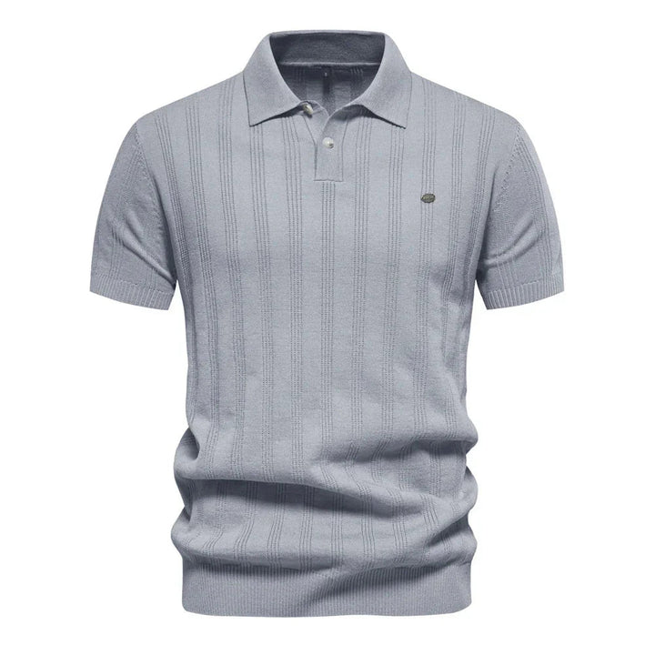Gray short sleeve ribbed knit polo shirt with vertical texture and collar