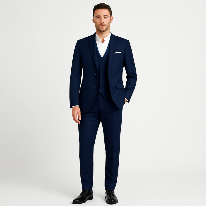 Men navy tailored 3 piece suit with white shirt and black shoes modelled standing straight