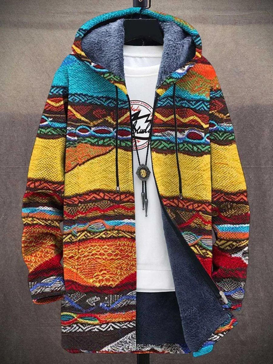 Men's Abstract Print Fleece Lined Zip Up Hooded Cardigan